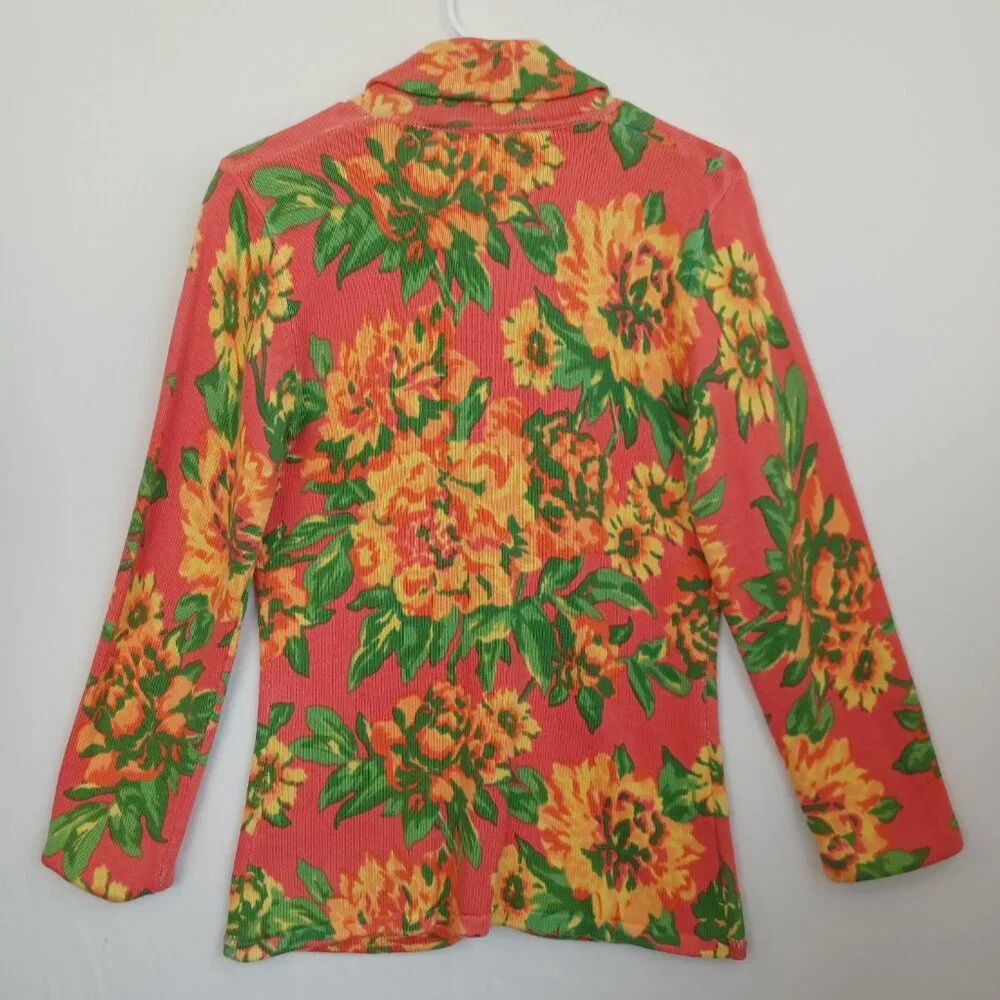 Isaac Mizrahi Live Sweater Cardigan Two Button Collared Salmon Yellow‎ Floral Sm
